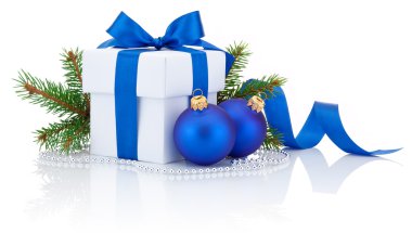 White box tied blue ribbon bow, pine tree branch and two christm clipart