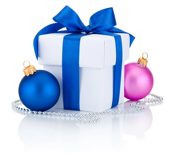 White box tied ribbon bow, blue and pink Christmas balls Isolate — Stock Photo, Image