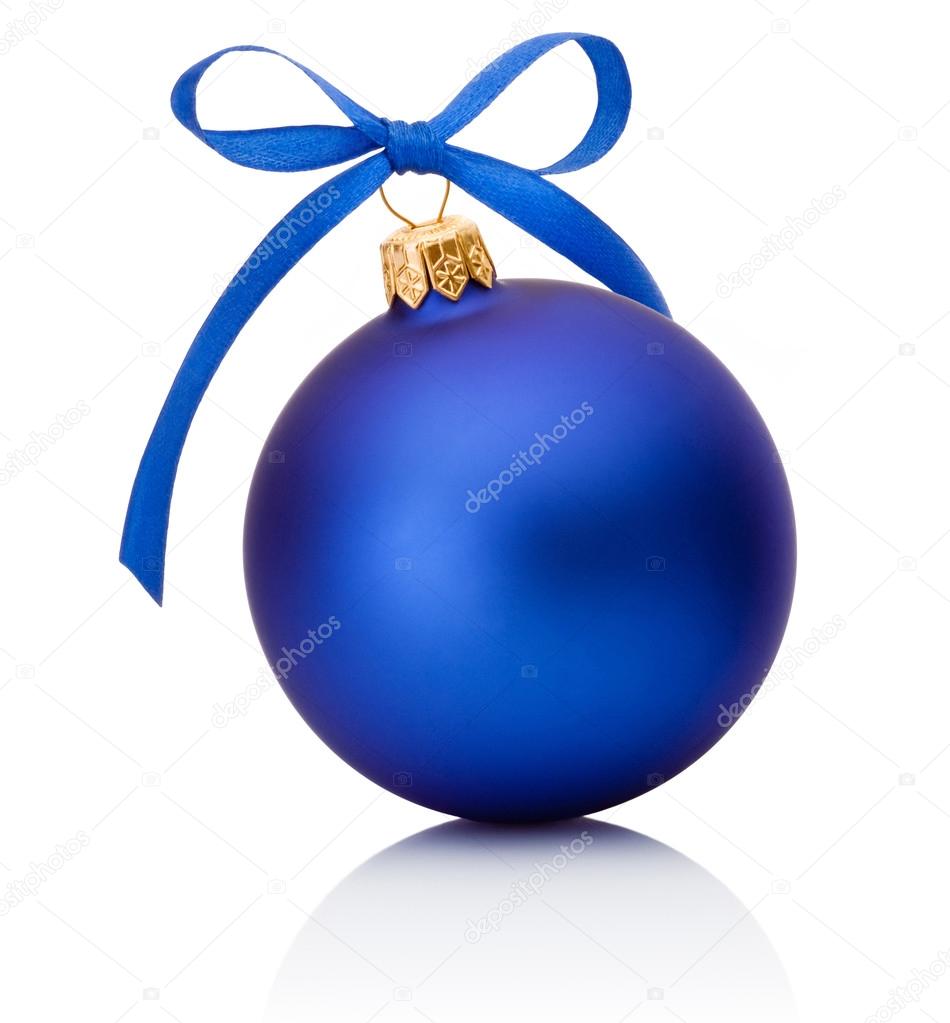 Blue Christmas ball with ribbon bow Isolated on white background