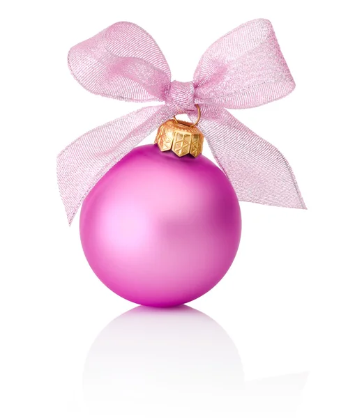 pembe Noel top ile şerit yay izole üzerinde beyaz arka plan