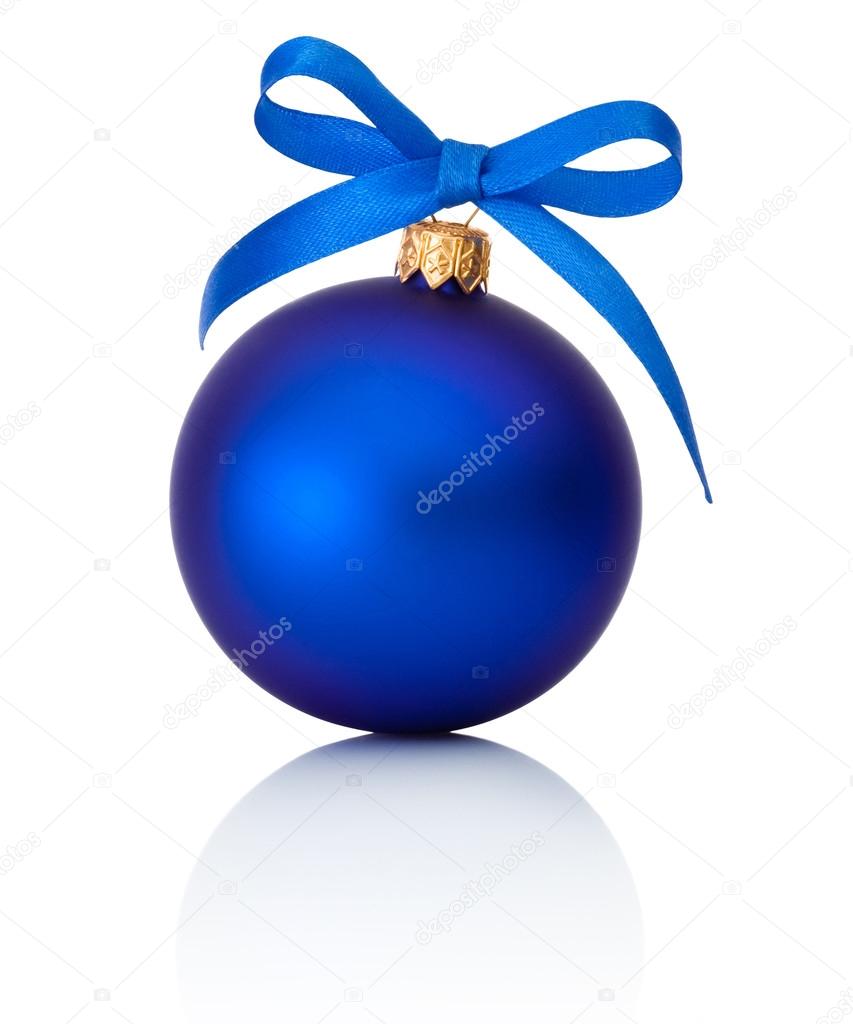 Blue Christmas ball with ribbon bow Isolated on white background