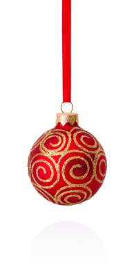 Kırmızı süslemeleri Noel top WHI izole şerit üzerinde asılı