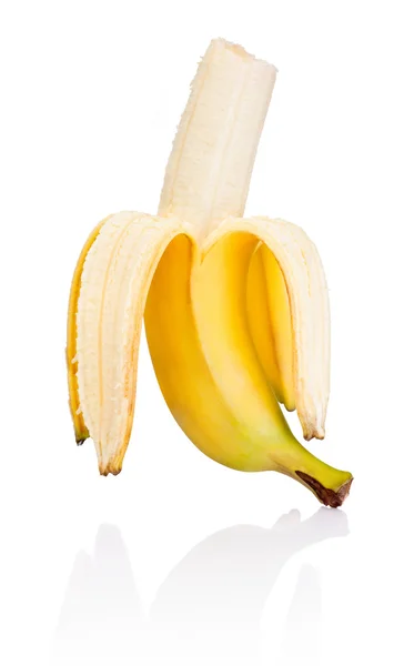 Meghámozott banán harapással elszigetelt fehér background — Stock Fotó