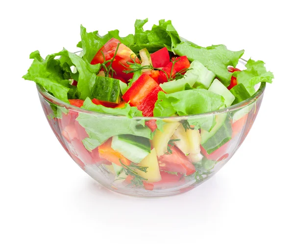 Ensalada de verduras frescas en cuenco de vidrio aislado sobre fondo blanco —  Fotos de Stock