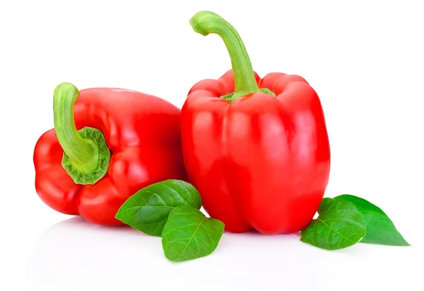 Twee rode paprika's met groene bladeren geïsoleerd op witte achtergrond — Stockfoto