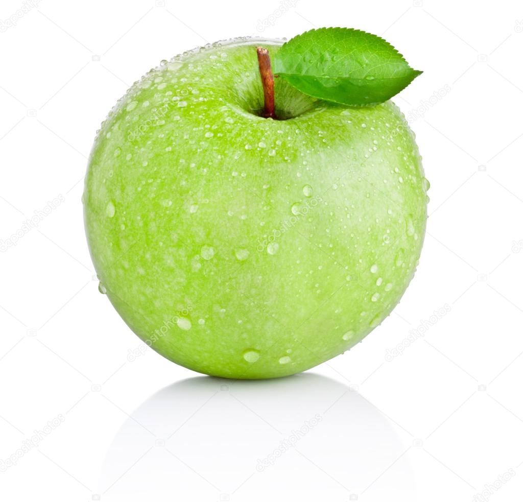 Green apple with leaf in water drops isolated on white backgroun