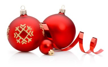 Three red Christmas decoration baubles and curling paper ribbon isolated on a white background