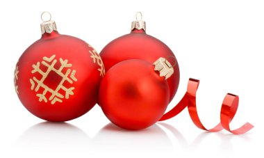 Three red Christmas decoration baubles and curling paper ribbon isolated on a white background