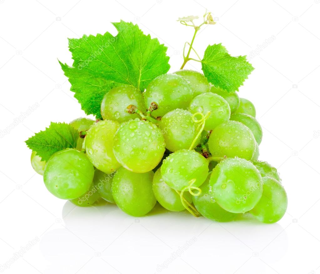 Fresh bunch of green grapes with leaves isolated on white backgr