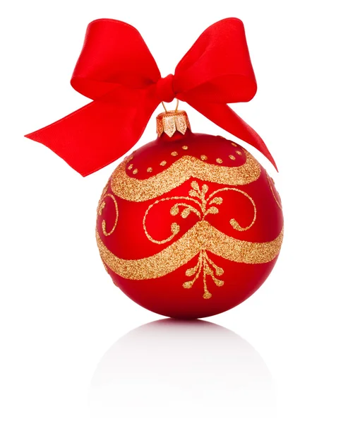 Red decorations Christmas ball with ribbon bow Isolated on white — Stock Photo, Image