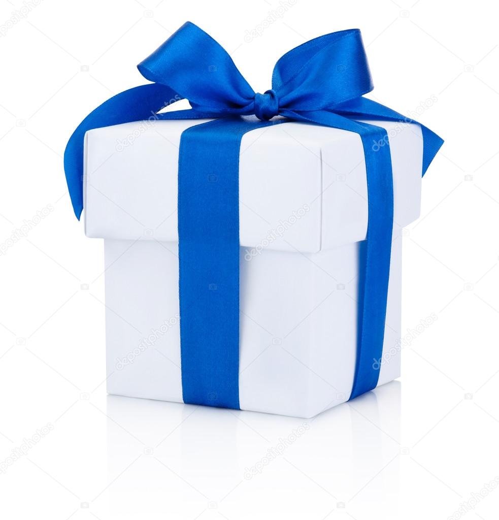 White gift box tied blue ribbon Isolated on white background