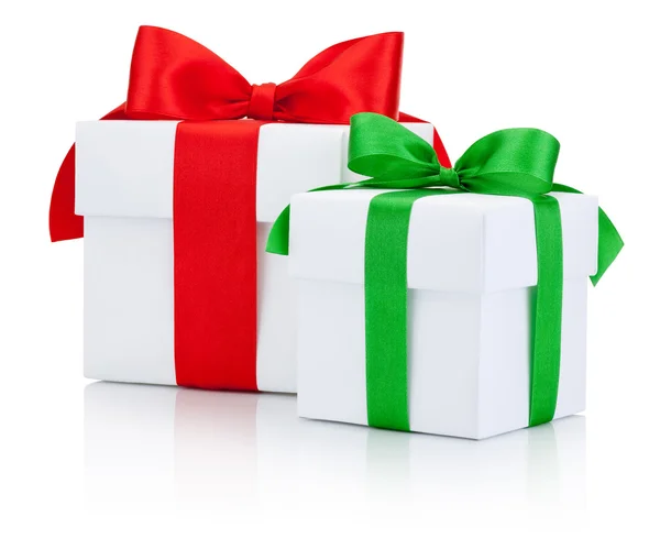 Two white gift box tied green and red ribbon Isolated on white b — Stock Photo, Image