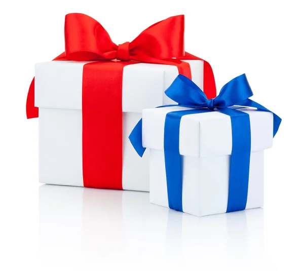 Two white gift box tied red and blue ribbon Isolated on white ba — Stock Photo, Image