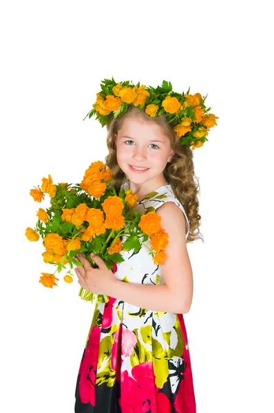 Beautiful girl and wild flowers — Stock Photo, Image