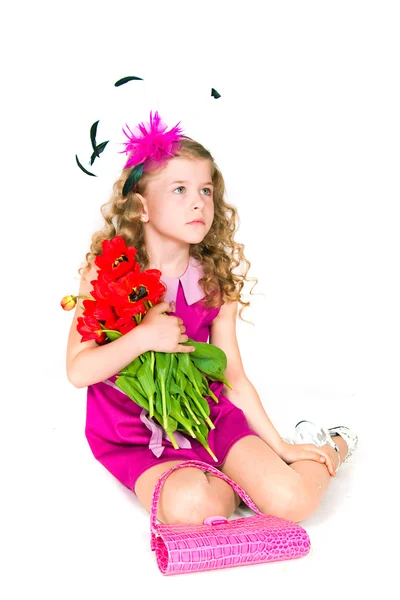 Beautiful girl and tulips — Stock Photo, Image