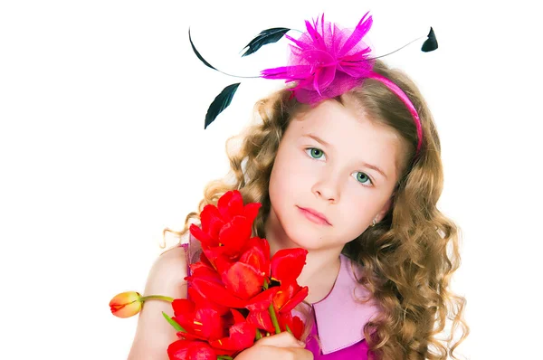 Beautiful girl and tulips — Stock Photo, Image