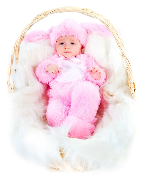 Roliga nyfödd baby klädd i easter bunny kostym — Stockfoto