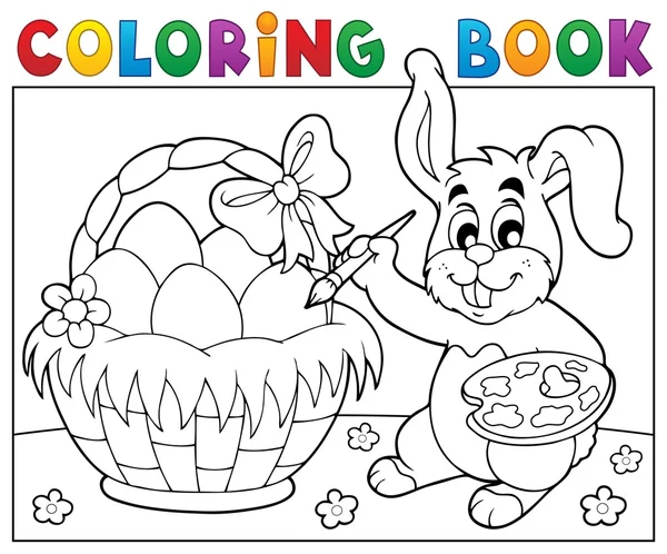 Coloring book bunny painting eggs — Stock Vector