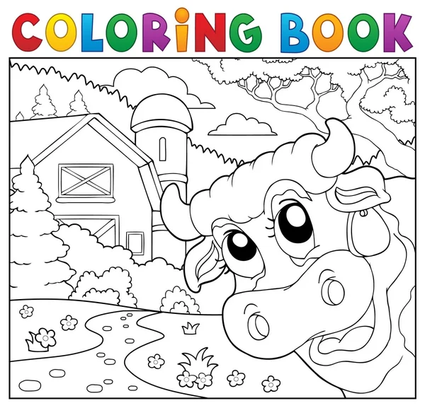 Libro para colorear al acecho vaca cerca de la granja — Vector de stock