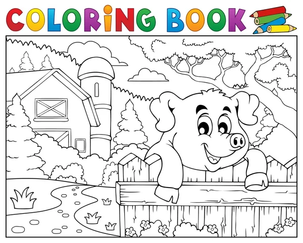 Coloring book pig behind fence near farm — Stock Vector