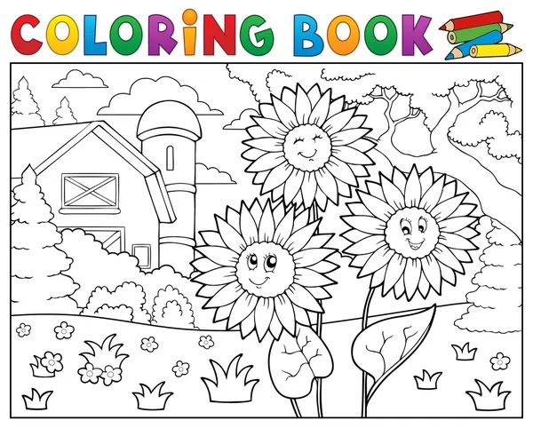 Livre à colorier tournesols près de la ferme — Image vectorielle