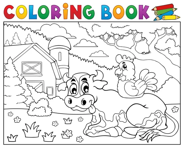 Coloring book cow near farm theme 3 — Stock Vector