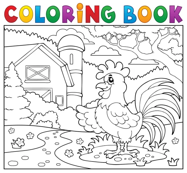 Coloring book rooster near farm — Stock Vector