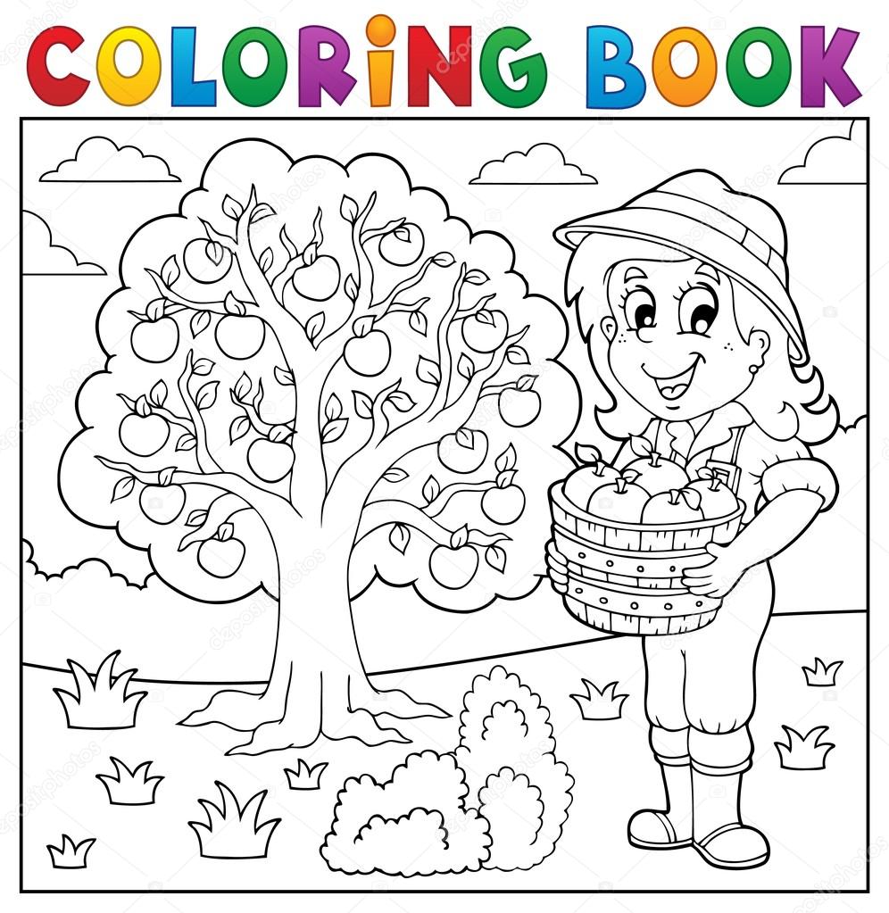 Disegni da colorare libro ragazza con le mele raccolte illustrazione di vettore eps10 — Vettoriali di clairev