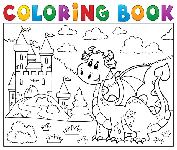 Libro da colorare drago vicino al castello tema 1 — Vettoriale Stock