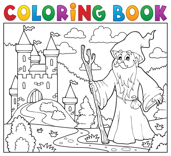 Libro da colorare druido vicino al castello — Vettoriale Stock