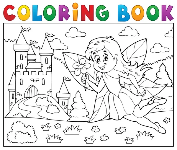 Libro para colorear hada cerca del castillo — Vector de stock