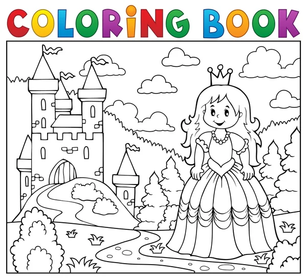 Libro para colorear princesa cerca del castillo — Vector de stock