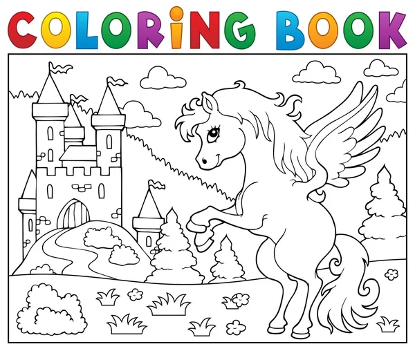 Coloring book pegasus near castle — Stock Vector