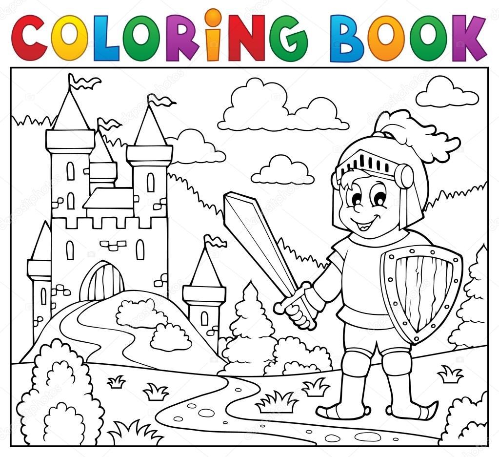 Disegni da colorare cavaliere libro vicino castello illustrazione di vettore eps10 — Vettoriali di clairev