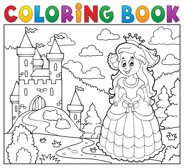 Libro para colorear princesa feliz cerca del castillo — Vector de stock