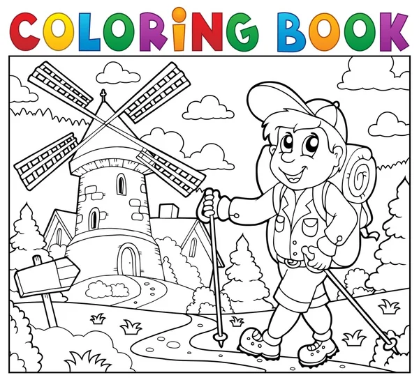 Coloriage randonneur près du moulin à vent — Image vectorielle