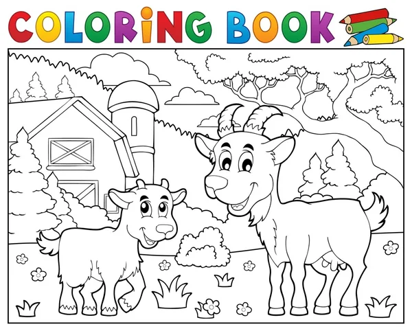 Coloring book happy goats near farm — Stock Vector