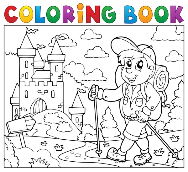 Coloring book hiker near castle — Stock Vector