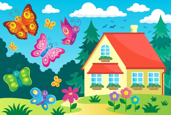 Casa y mariposas felices — Vector de stock