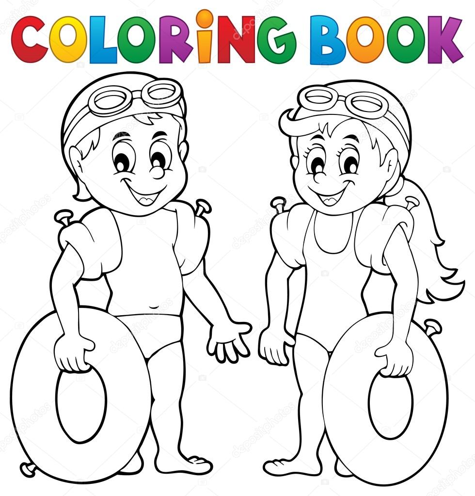 Disegni da colorare libro ragazzo e ragazza nuotatori illustrazione di vettore eps10 — Vettoriali di clairev