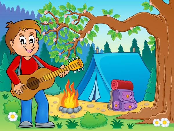 Boy guitar player in campsite theme 2 - Stok Vektor