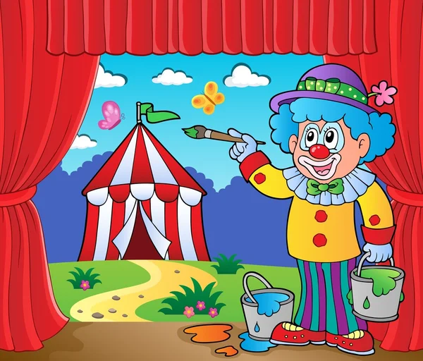 Clown painting image of circus on stage — Stock Vector