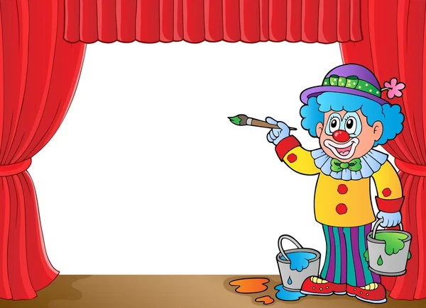 Clown with paints on stage — Stock Vector