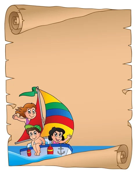 Parchment with children on ship — Stock Vector