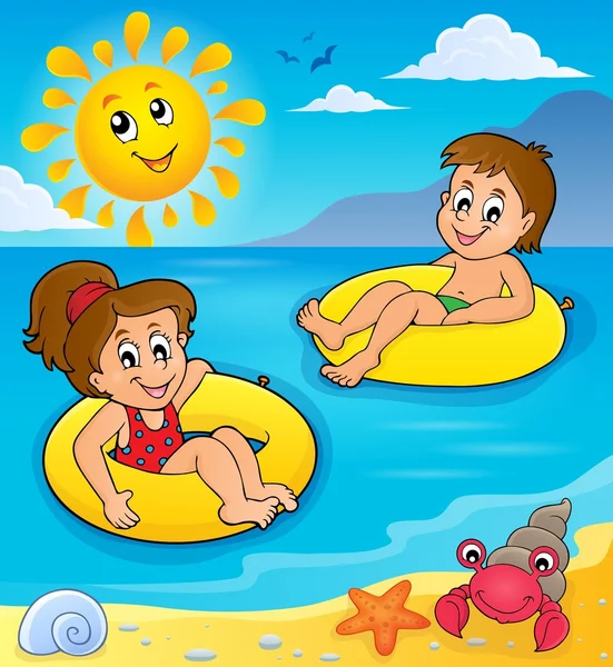 Kinderen in zwemmen ringen afbeelding 2 — Stockvector