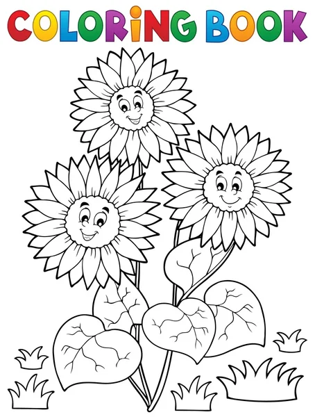 Coloring book with happy sunflowers — Stock Vector