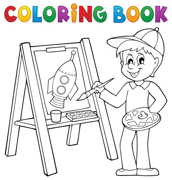 Coloring book boy painting on canvas — Stock Vector