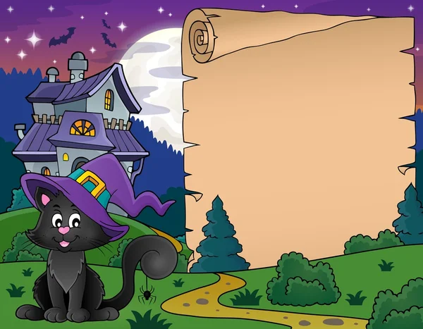 Parchemin d'Halloween avec chat et maison — Image vectorielle