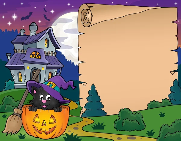 Halloween perkament met kat in pompoen — Stockvector