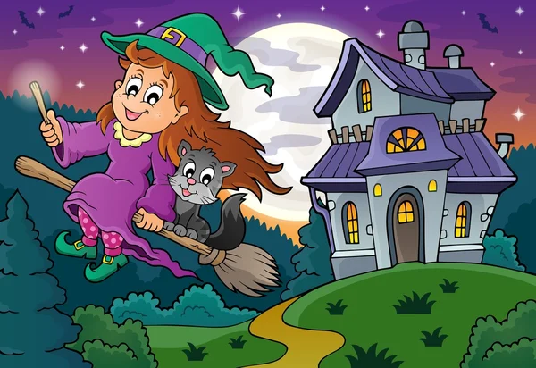 Cute witch on broom near haunted house — Stock Vector